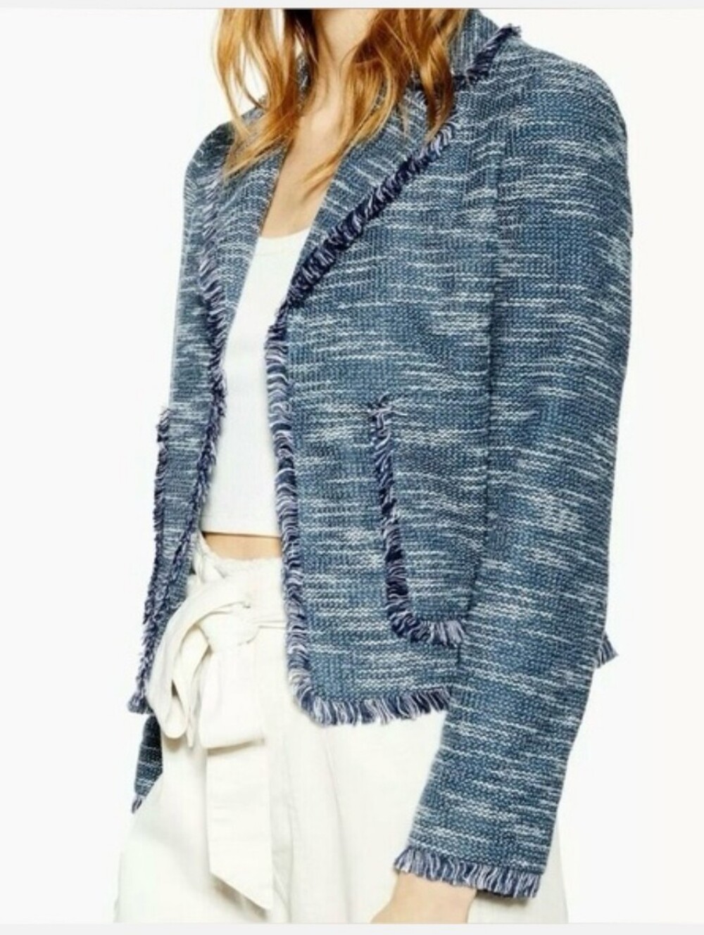 TOPSHOP Blue & White Boucle Tweed Fringe Blazer Jacket Size 10